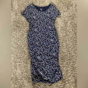 Navy Floral Midi Dress with Pink & White Blooms